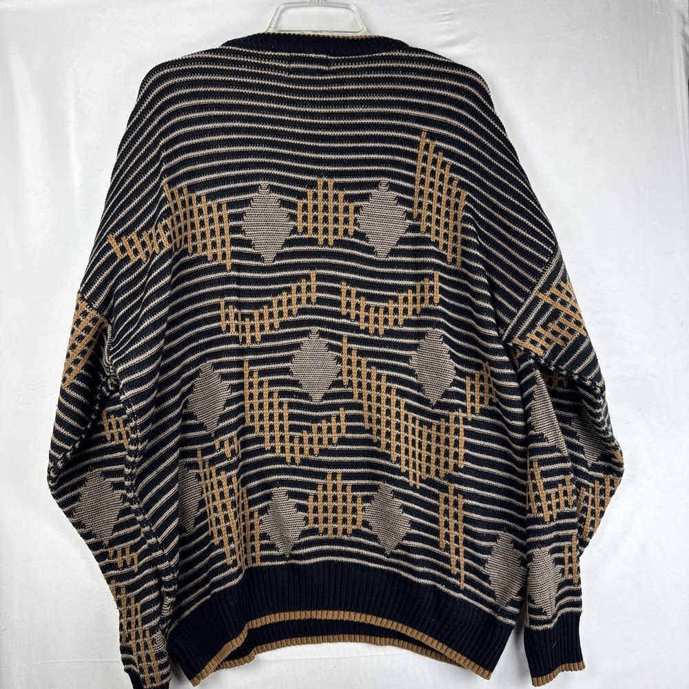 Vintage Alan Stuart Geometric Knit Sweater Men's XL Leather Accent 80s 90s - Picture 2 of 7